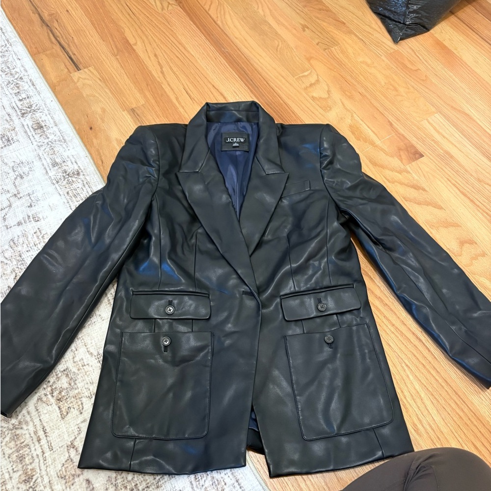 J. Crew Black Faux Leather Blazer Jacket with Flap Pockets